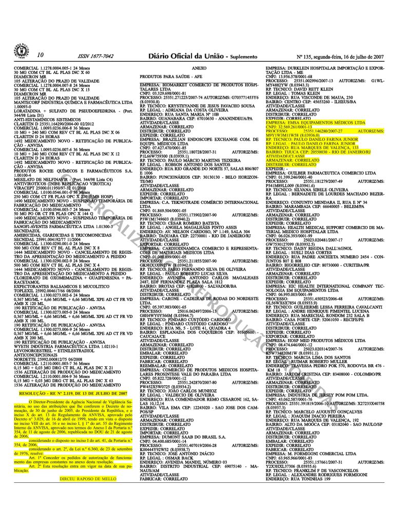 Autorização de funcionamento concedida à matriz da EMSA Equipamentos Médicos, publicada no Diário Oficial da União em 2007.